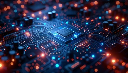 Obraz premium Futuristic Circuit Board with Connected Blue Lines, abstract digital background featuring an intricate circuit board design