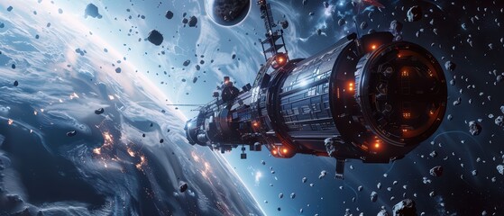 A stunning spacecraft navigating through a vibrant cosmic landscape filled with asteroids and distant celestial bodies.