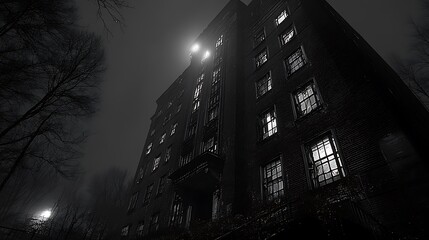 A tall brick building with many windows stands out in the night, casting a long shadow on the ground.