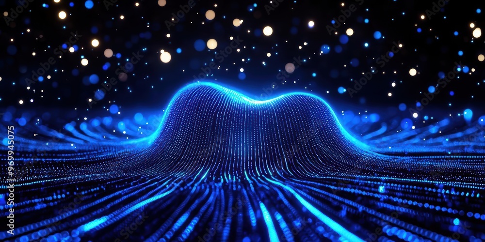Poster abstract digital wave with glowing blue light against a starry background, creating a sense of depth
