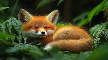 Obraz premium A close-up of a fox lying down in a field of grass and plants with its eyes closed