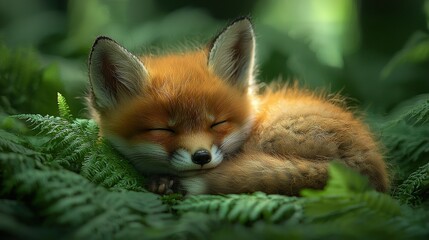 Fototapeta premium Baby fox sleeps on green grass