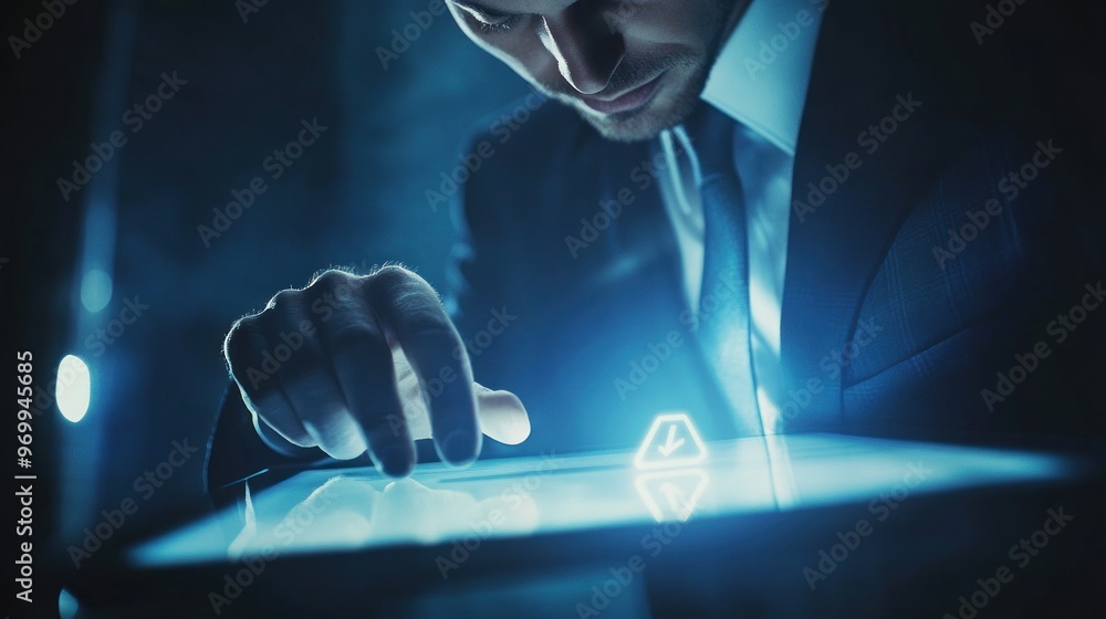 Poster man in suit using tablet with down arrow icon