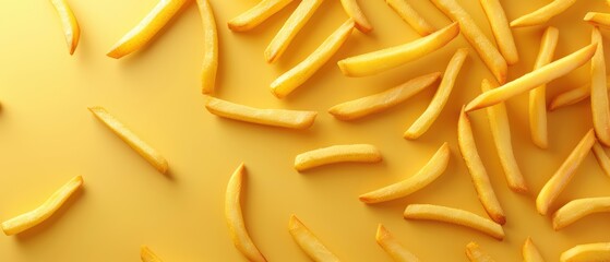 Obraz premium A vibrant composition of golden fries scattered on a bright yellow surface, ideal for food and culinary-themed projects.