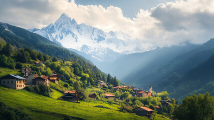 Fototapeta premium Scenic mountain village with charming houses nestled among verdant hills and majestic snow-capped peaks in the background under a partly cloudy sky.