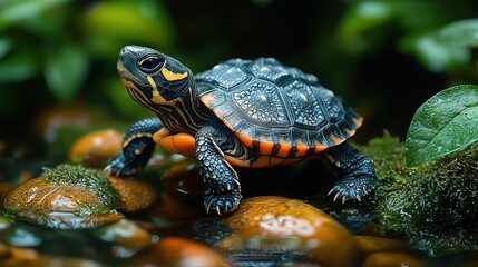 Obraz premium A tiny turtle resting atop a rocky mound beside a verdant plant, near a serene pond