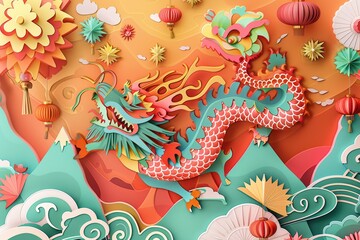 A vibrant paper-cut style dragon soaring amidst colorful mountains and lanterns, symbolizing strength and good fortune.