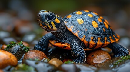   A close-up image of a tiny turtle resting atop a mix of rocks and grass, with an out-of-focus background