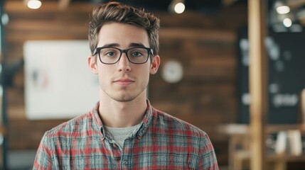 Fototapeta premium Young Man with Glasses Wearing a Plaid Shirt