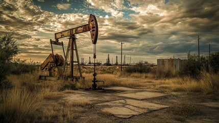 Rusty Oil Pump Jack in a Field with a Refinery in the Distance