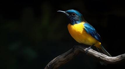 Obraz premium Regal Sunbird Perched on a Branch on a Black Background, Realistic Photo, Wallpaper, Cover and Screen for Smartphone, PC, Laptop, 9:16 and 16:9 Format