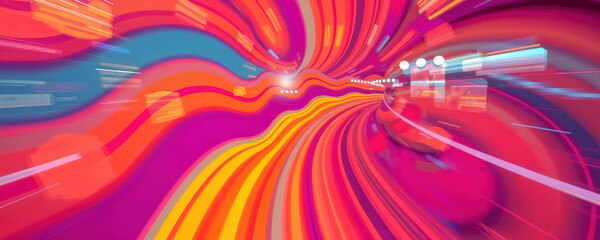 Vibrant multi-colored neon orange pink long exposure light streaks and motion blurred circles, depth of field bokeh background banner