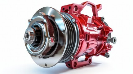 Naklejka premium Closeup of a red and silver air conditioning compressor with a white background.