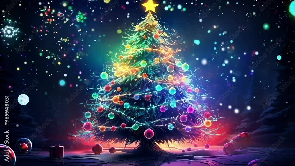 Poster christmas tree adorned with glowing lights and ornaments, creating a magical and festive atmosphere 