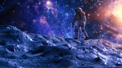 Obraz premium An astronaut explores the lunar surface under a vibrant cosmic backdrop, showcasing the beauty of space and celestial phenomena.