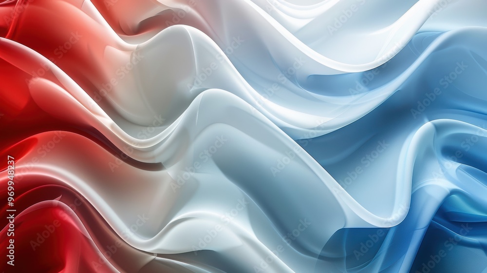 Poster wavy abstract background in red, blue, and white with flowing lines and smooth textures