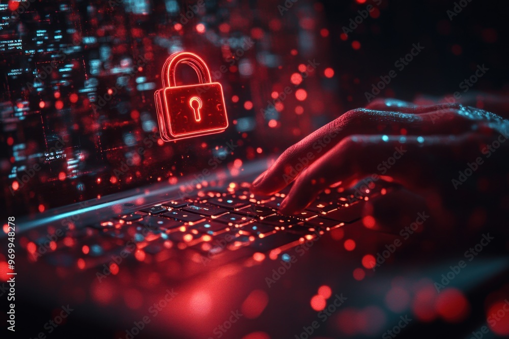 Poster Cybersecurity Concept with Glowing Red Lock Icon and Laptop Keyboard