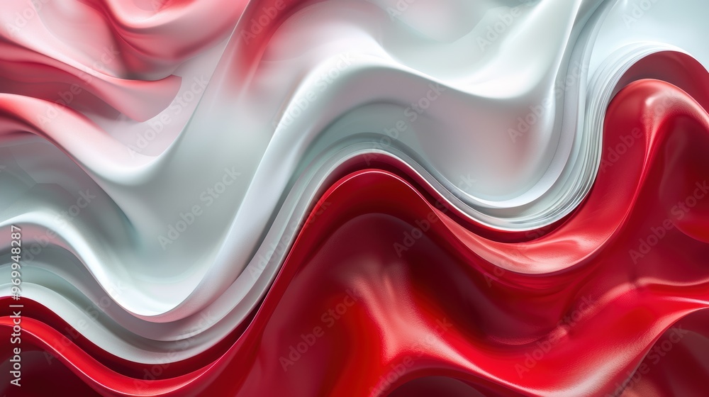 Poster a smooth abstract design with red and white waves flowing across the canvas in a dynamic pattern