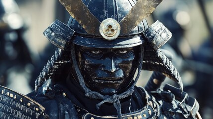 Portrait of a stoic samurai in full armor, showing determination and readiness, historical Japanese warrior.