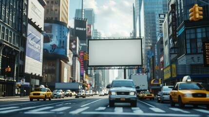 Obraz premium Busy city street scene with vehicles and an empty billboard in a vibrant urban setting.
