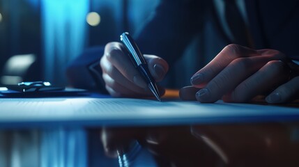 Obraz premium Close-up of a professional hand writing on a document with a stylish pen in a modern office setting, capturing focus and concentration.