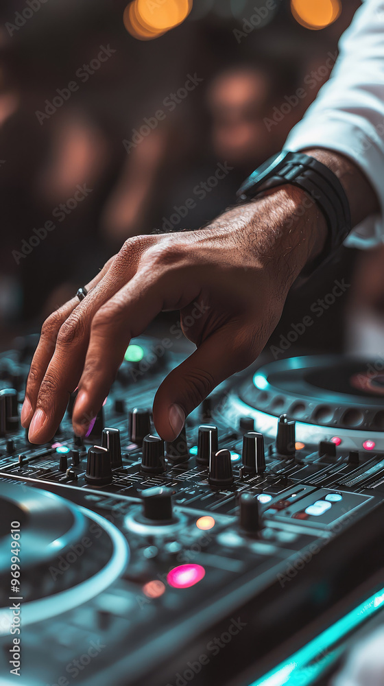 Poster a djs hand skillfully adjusts turntable controls, creating an electrifying atmosphere
