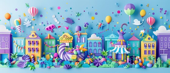 Fototapeta premium Colorful paper craft town with whimsical buildings, balloons, and festive decorations creating a joyful ambiance.