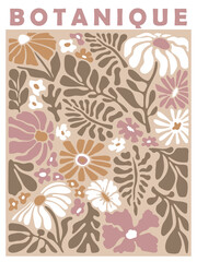 Trendy botanical wall art poster with floral design in danish pastel colors. Modern naive groovy funky interior decorations, paintings. Fauvism Matisse style poster.