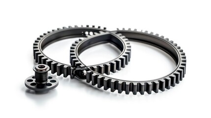 Two black metal gears and a single gear with six holes interlocked together on a white background.