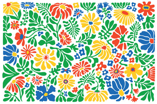 Set of colorful flowers and leaves silhouettes. Hand drawn floral design elements. Colorful outlines of wild and garden flowers and leaves isolated on white background. Fauvism Matisse style poster.