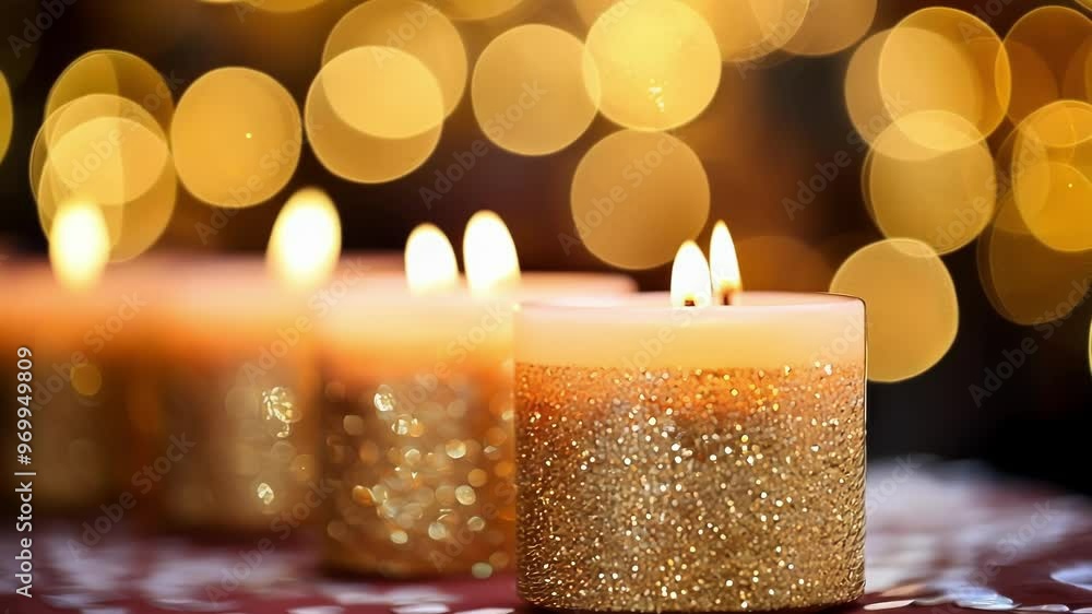 Poster several golden candles are burning on a table with confetti, creating a festive bokeh effect with th