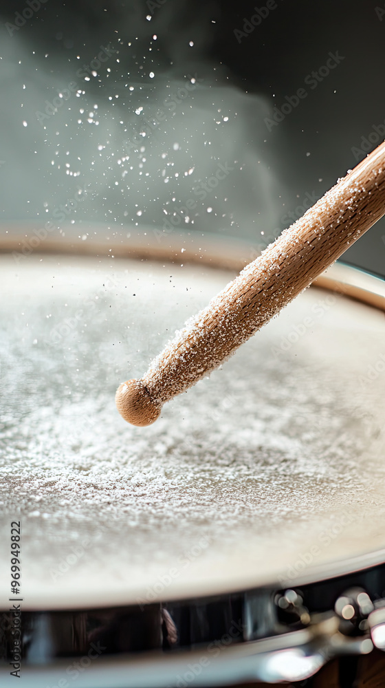 Poster A close up of drumstick hitting snare drum, creating dynamic splash of dust