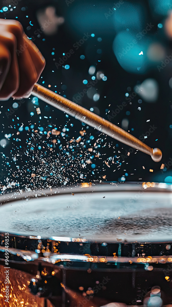 Poster a close up of drumstick hitting snare drum, creating dynamic splash of sound and energy