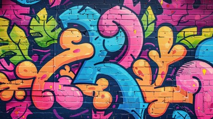 Obraz premium Vibrant graffiti mural with intricate patterns and bright colors on a city wall in daylight