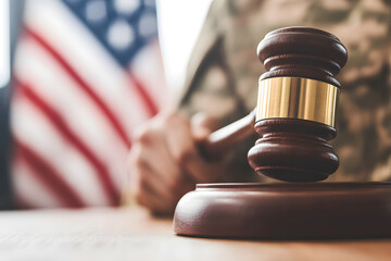 Obraz premium Military Law Concept: Soldier Holding Gavel, Justice and Military Legal Authority