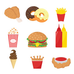 Set of fast food on a white backgroung,burger,popcorn,ketcup,ice cream,donut,vector illustration.