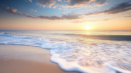 Fototapeta premium Serene beach at sunset with gentle waves lapping the shore, under a sky painted with warm hues of orange and blue, creating a tranquil coastal scenery.