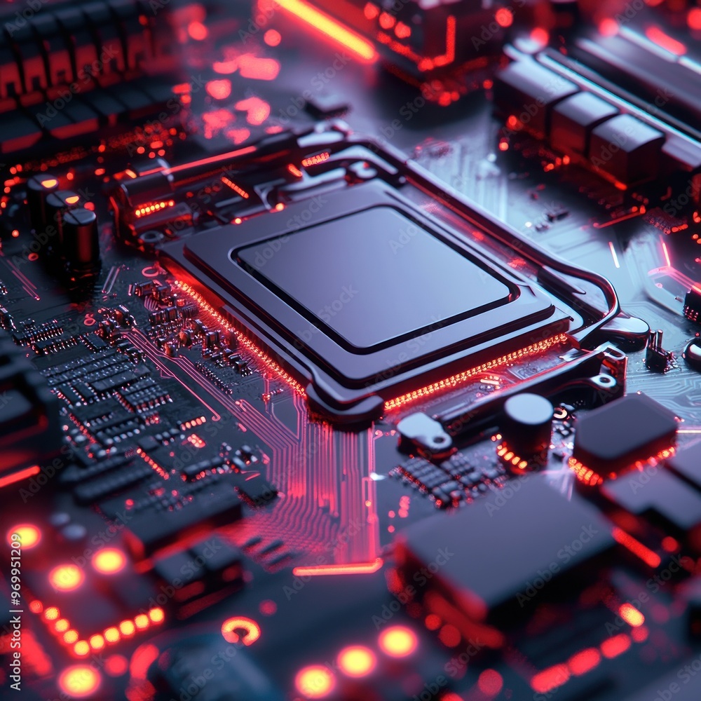 Poster close-up of a computer motherboard with red glow