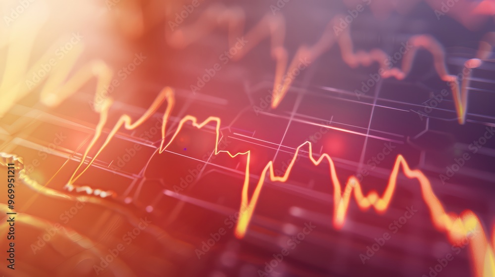 Poster dynamic stock market graph illustrating fluctuations in financial data with vibrant colors and abstr