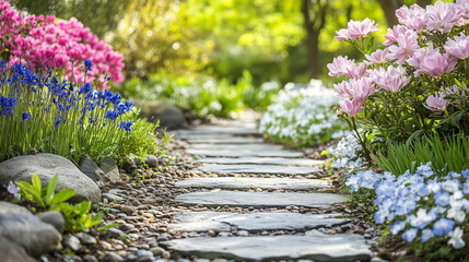 Obraz premium A serene garden pathway with colorful blooming flowers, bordered by vibrant pink, blue, and white flowers, leading through a lush green landscape.