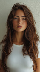 Naklejka premium Portrait of a Young Woman with Long Brown Hair