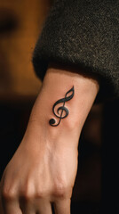 A close up of music note tattoo on persons wrist, showcasing artistic expression