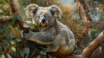 Fototapeta premium A koala clings to a eucalyptus branch in the Australian bush, enjoying its peaceful environment