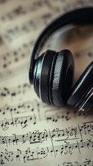 Close up of headphones resting on sheet music, evoking love for music