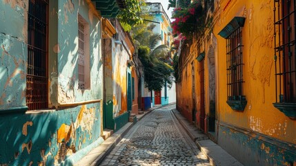 Fototapeta premium Vibrant street art and lively culture in the ancient cityscape during golden hour