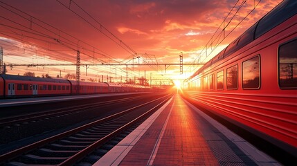 Beautiful railway station with modern red commuter train at suns.