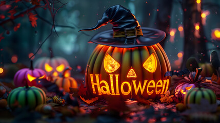 Fondo de halloween con calabaza iluminada y ambiente de terror