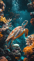 Obraz premium A sea turtle gracefully swims through vibrant coral reefs, showcasing marine beauty