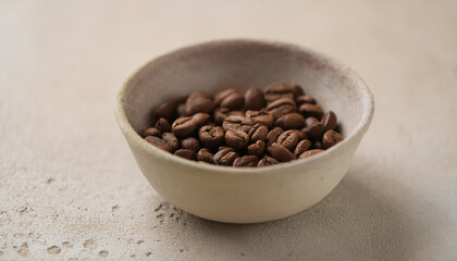 Fototapeta premium Roasted coffee beans in ceramic bowl on stone table. Tasty and aromatic beverage. Hot drink.