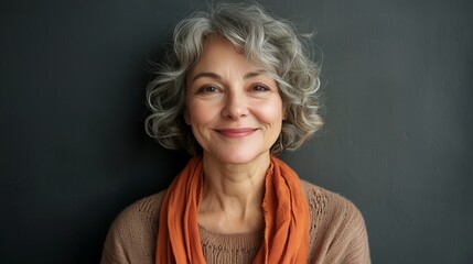 Obraz premium Happy mature woman smiling on grey wall.